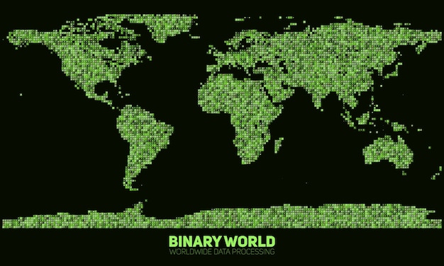 抽象バイナリ世界地図。緑の2進数で構成された大陸。グローバル情報ネットワーク。世界的なネットワーク。国際データ。現代のサイバー現実におけるデジタル世界。
