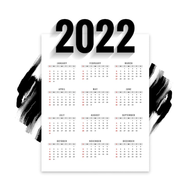 Vettore gratuito calendario del nuovo anno 2022 in stile acquerello nero astratto