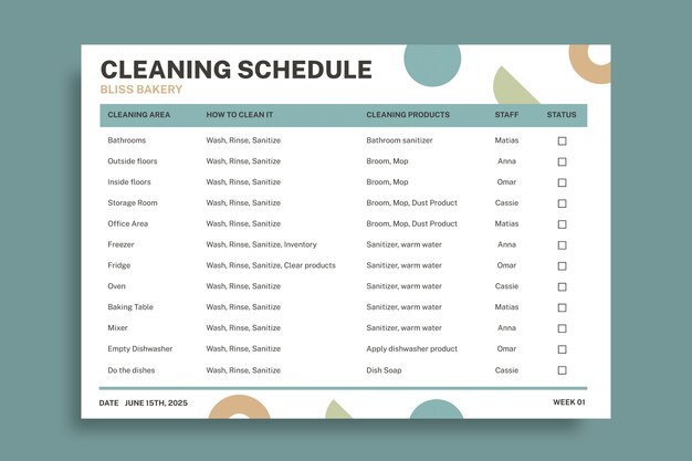 Abstract bliss bakery daily cleaning schedule