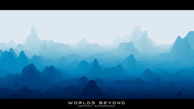 Abstract blue landscape with misty fog till horizon over mountain slopes