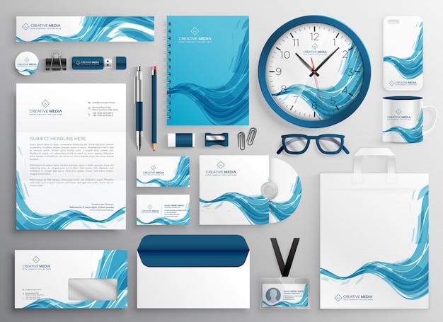 abstract blue wave modern business stationery items