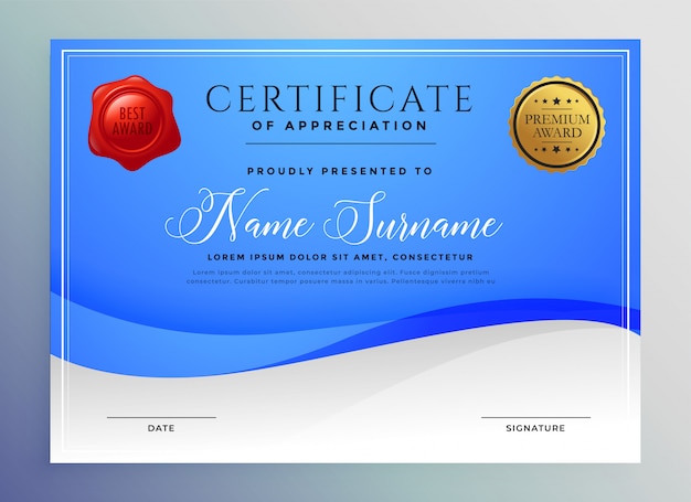 Abstract blue wavy certificate template 