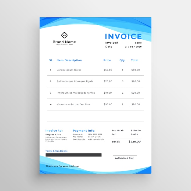 Abstract blue wavy invoice template design