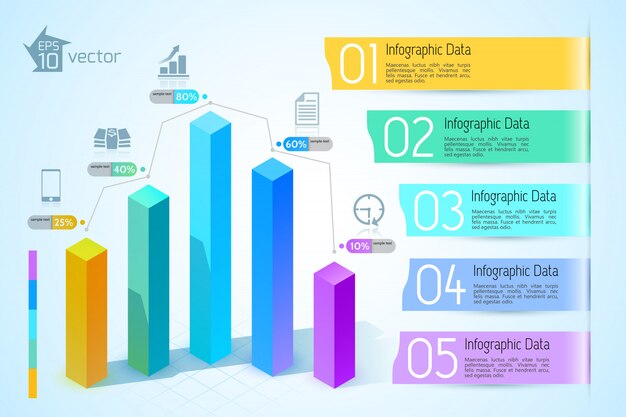 밝은 그림에 화려한 3d 사각형 열 5 옵션 아이콘 추상 비즈니스 차트 infographics