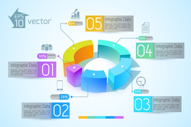 Abstract business diagram infographics with colorful 3d graphs five options text illustration