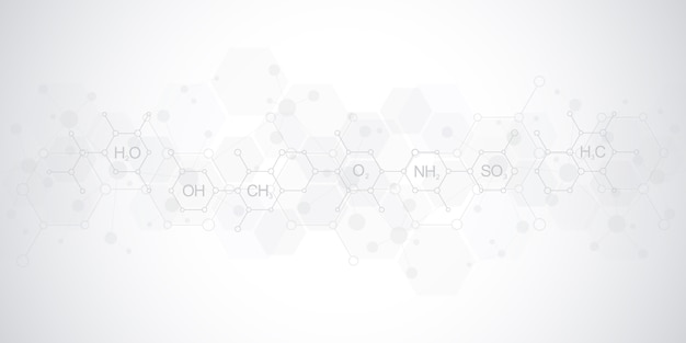 Abstract chemistry pattern on soft grey background with chemical formulas and molecular structures. template design with concept and idea for science and innovation technology.
