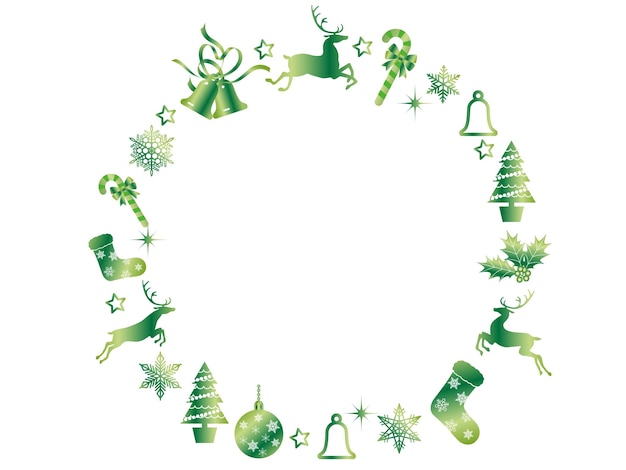 Abstract Christmas Green Vector Wreath Frame With Christmas Charms Isolated On A White Background.