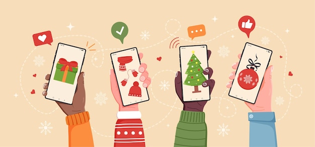 画面にクリスマスプレゼントとスマートフォンを保持している4つの手で抽象的なクリスマスオンラインショッピングの概念。フラット漫画ベクトルイラスト Premiumベクター
