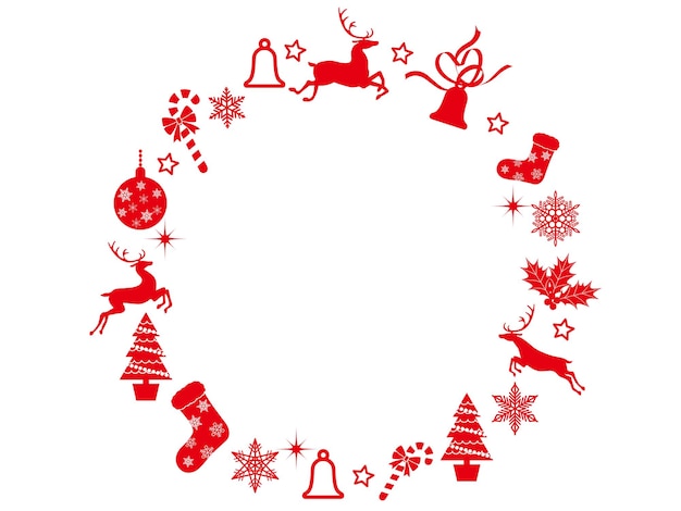 Abstract Christmas Red Vector Wreath Frame With Christmas Charms Isolated On A White Background.