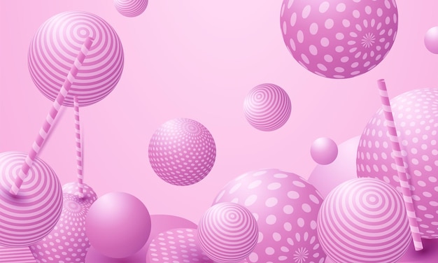 추상 화려한 공입니다. 핑크 캔디는 무중력 상태로 날아갑니다. 혼란 흩어져있는 색종이 조각. 축제 파티 배경 화면입니다.