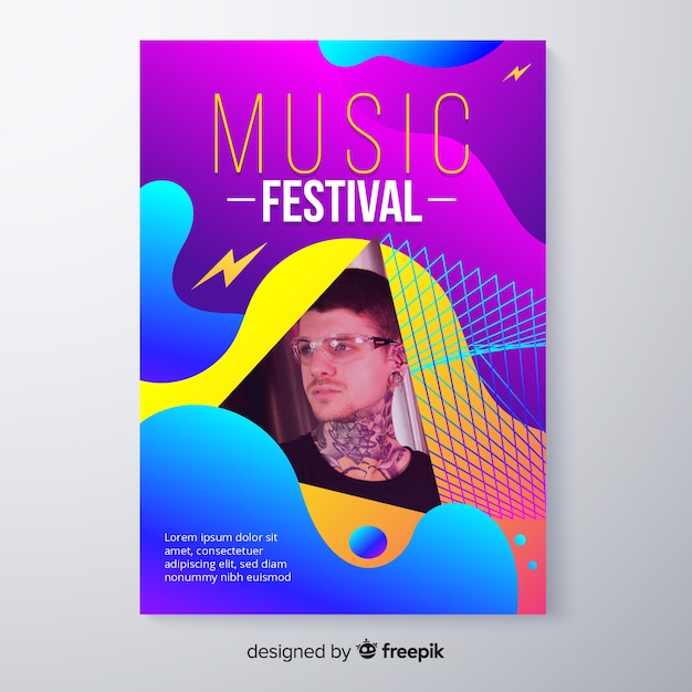 Бесплатное векторное изображение Абстрактный красочный музыкальный фестиваль плакат с фото