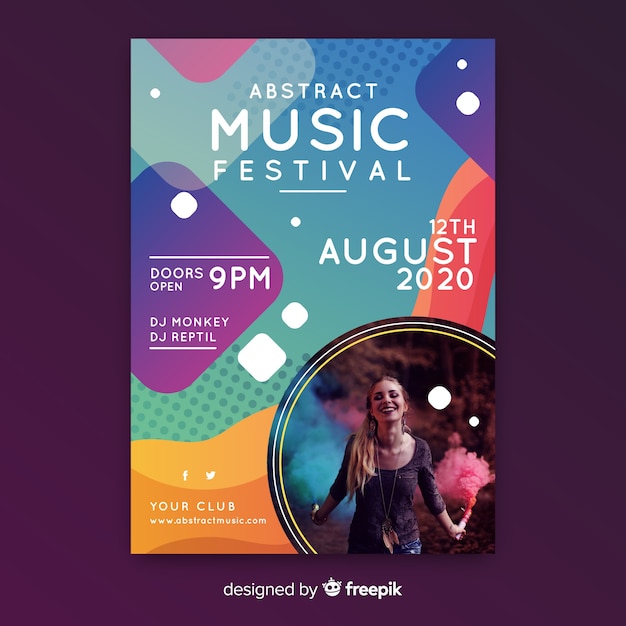 Free vector abstract colorful music poster template with photo