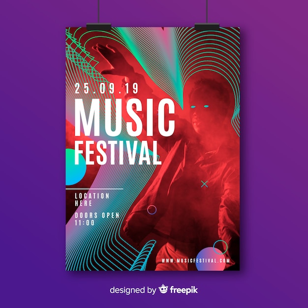 Free vector abstract colorful music poster template with photo