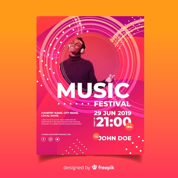 Free vector abstract colorful music poster template with photo