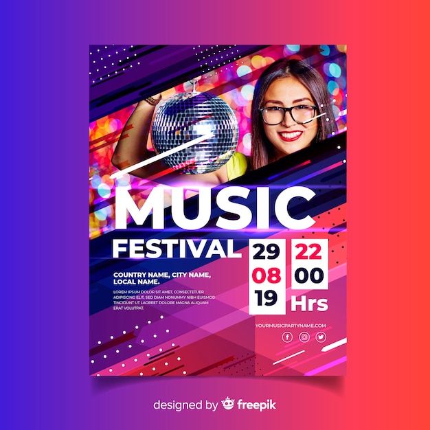 Free vector abstract colorful music poster template with photo