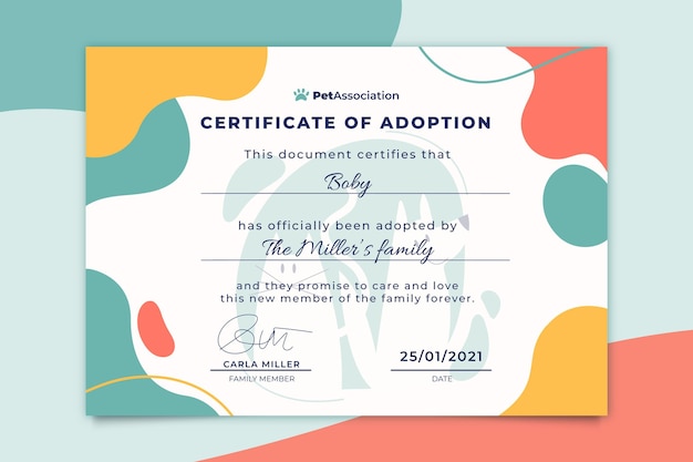 Free vector abstract colorful pets certificate