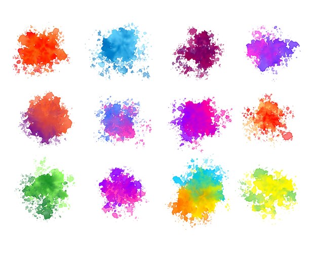 Abstract colorful watercolor splatters set of twelve