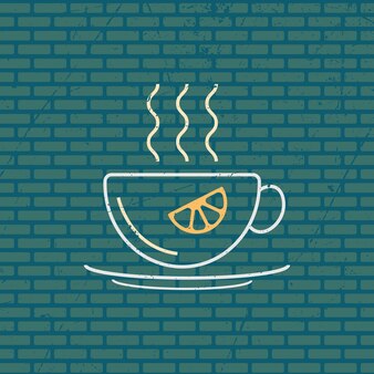 Абстрактная чашка горячего чая с ломтиком лимона иллюстрация на фоне кирпичной стены в стиле ретро