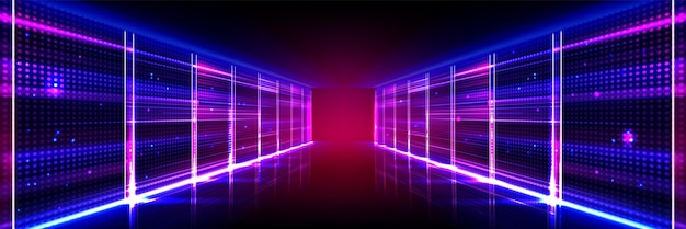 Abstract data center room with bright neon glow
