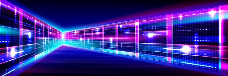 Free Vector abstract data center room with bright neon glow