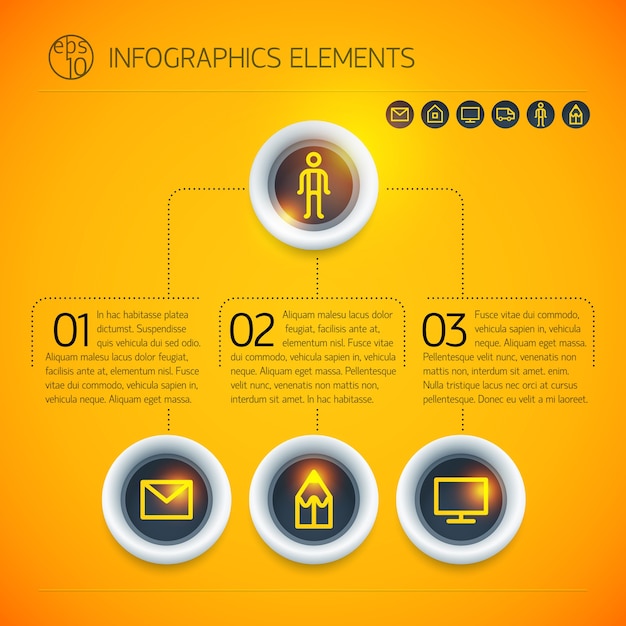 Abstract digital business infographic elements with rings text icons on light orange background isolated