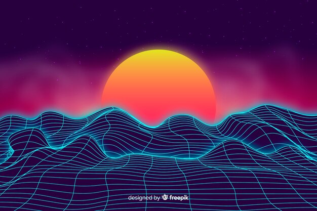 Abstract digital landscape with sunset background