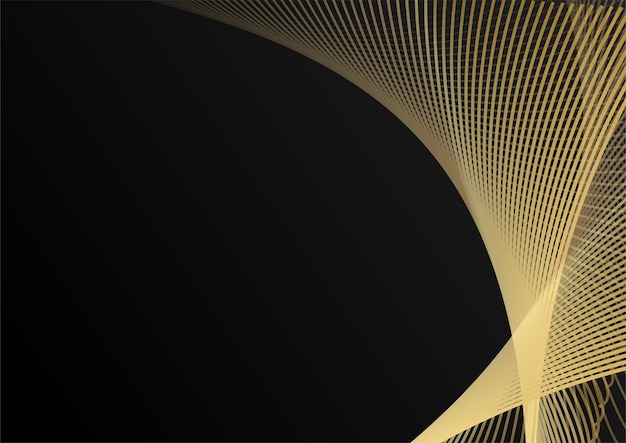 暗い​背景​の​豪華な​スタイル​で​次元​を​重ねる​抽象的​な​エレガントな​テンプレート​の​黒​と​金​の​線​。​黒​の​背景​に​抽象的​な​縞​模様​の​金色​の​線
