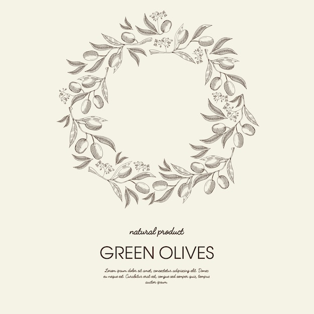 Abstract floral round wreath light poster with text and green olives branches in sketch style