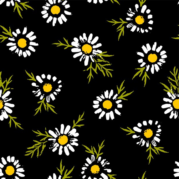 カモミールと抽象的な花のシームレスなパターン トレンディな手描きのテクスチャ プレミアムベクター