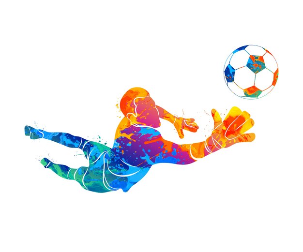 水彩絵の具のスプラッシュからボールを持つサッカー選手 塗料のイラスト プレミアムベクター