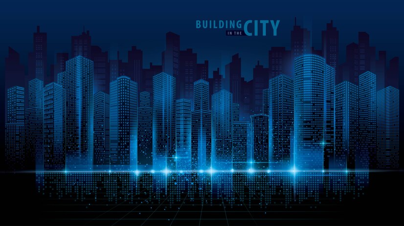  Abstract futuristic city vector, digital cityscape background. transparent city landscape Premium V