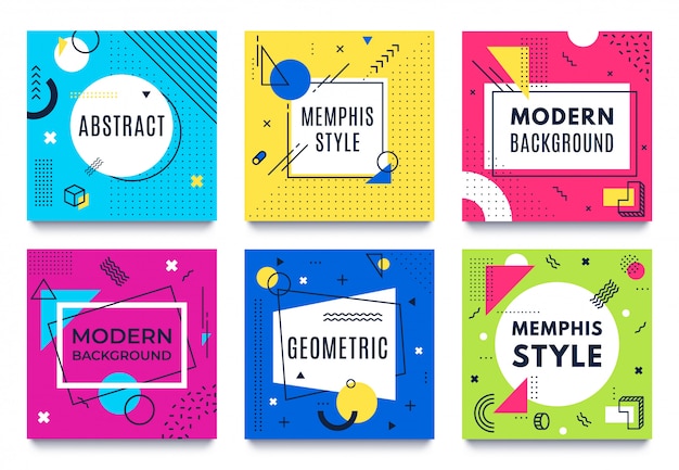 Abstract geometric frame. memphis square cards, funky colourful stripes and dots shapes and quotes text frames background vector set