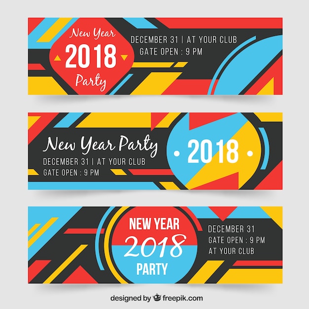 Vettore gratuito bandiere astratte e geometriche del partito del nuovo anno 2018