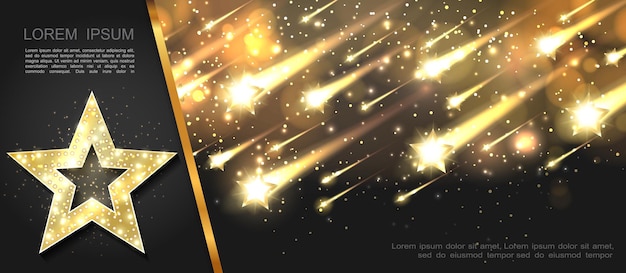 Абстрактный светящийся звездный шаблон с падающими сверкающими освещенными золотыми звездами на темном фоне иллюстрации