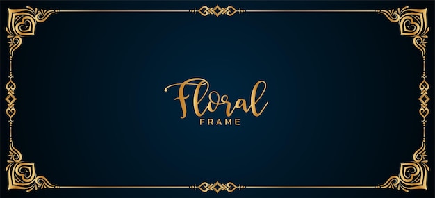 Abstract golden floral frame border dark blue banner design