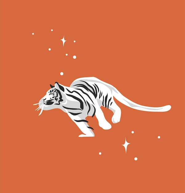 Abstract graphic cartoon illustration with beauty cute celestial trendy wildlife white tiger