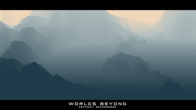 Abstract gray landscape with misty fog till horizon over mountain slopes Gradient eroded terrain surface Worlds beyond