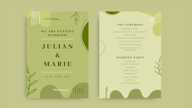 Abstract green wedding program invitation