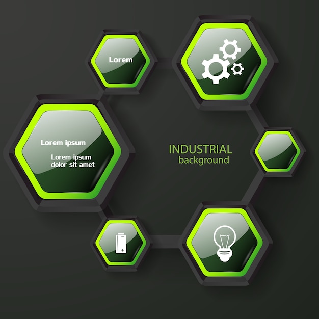 Abstract infographic concept with dark glossy hexagons with green edging white text and icons