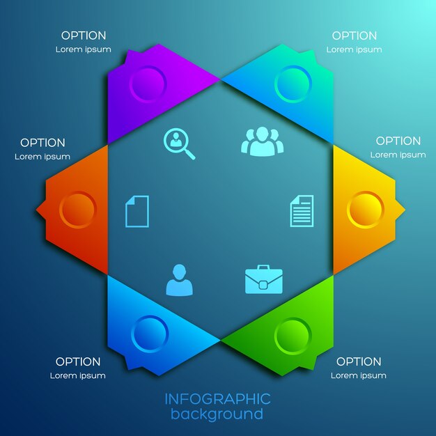 Abstract infographic design concept with colorful hexagonal chart six options and business icons