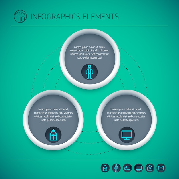 Free vector abstract infographic elements with circles text three options and icons on green background isolated