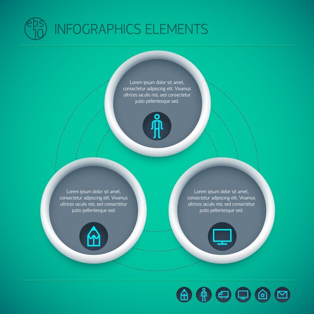 Abstract infographic elements with circles text three options and icons on green background isolated