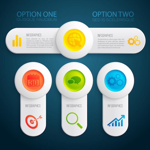 Modello astratto infographic con opzioni di testo banner pulsanti rotondi colorati e illustrazione delle icone