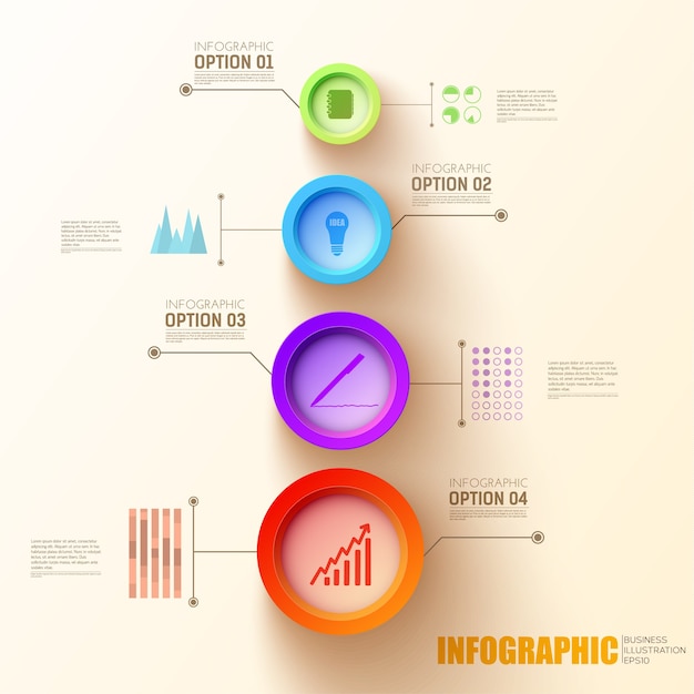 Vettore gratuito modello astratto infografica con quattro cerchi colorati e icone di affari