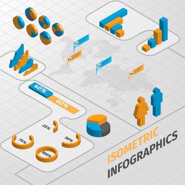 무료 벡터 추상 아이소 메트릭 비즈니스 인포 그래픽 디자인 요소 차트 및 그래프 벡터 일러스트 레이 션