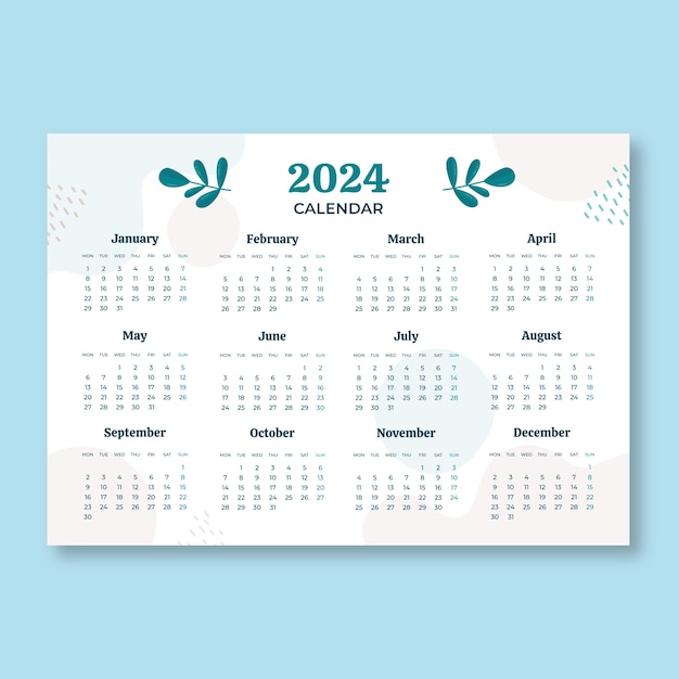 Free vector abstract leaves 2024 calendar template