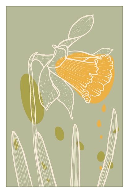 無料ベクター 色のスプラットと水仙の花の抽象的な線画水仙の輪郭の描画最小限の花のイラスト