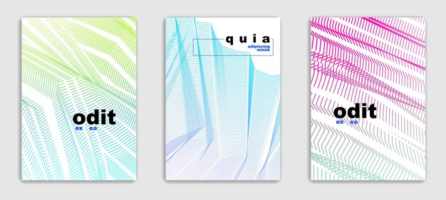 抽象的な線画ベクトル最小限の現代的なパンフレットのデザインセット、カバーテンプレート、幾何学的なハーフトーンのグラデーション。バナー、プラカード、ポスター、チラシ用。美しく特別なパターンテクスチャ。