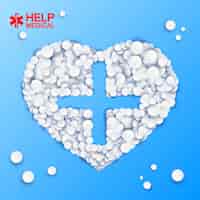 Бесплатное векторное изображение Шаблон абстрактной медицины с крестиком в форме сердца из таблеток на голубом иллюстрации