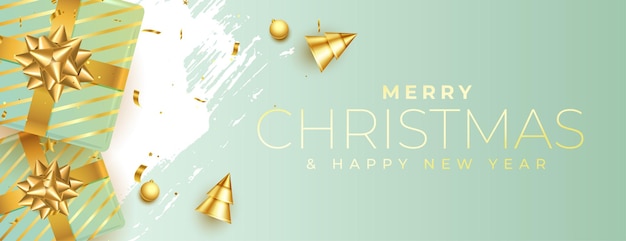 Free vector abstract merry christmas banner with 3d elements of gift boxes and golden tree